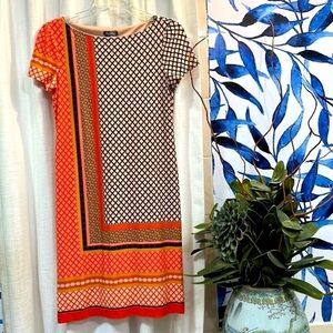 Women’s Musette Geometric Print Orange Black Short Sleeve Sheath Dress Size 2